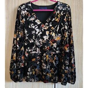 Rachel Roy Women's Blouse Size 1X Floral Velvet Long Sleeve Lined Pullover EUC